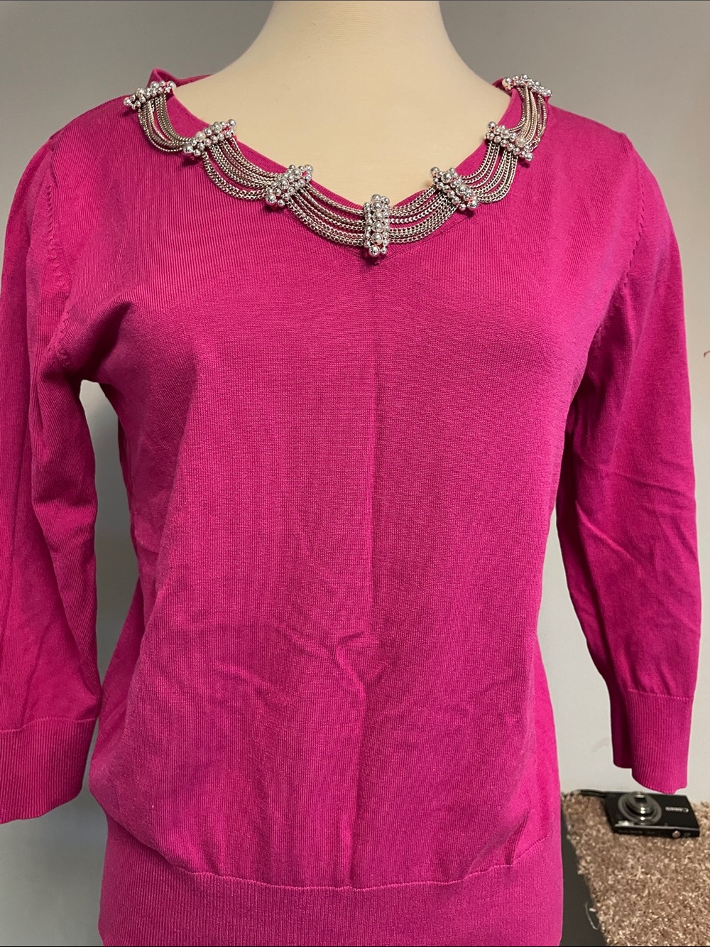 august silk Fuchsia Jeweled-Neck Knit Top